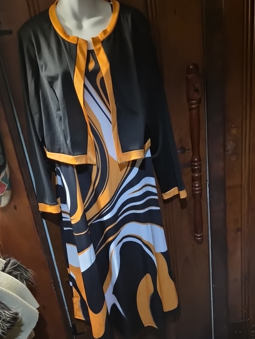 Black and Mustard Swirl Midi Dress with Matching Jacket